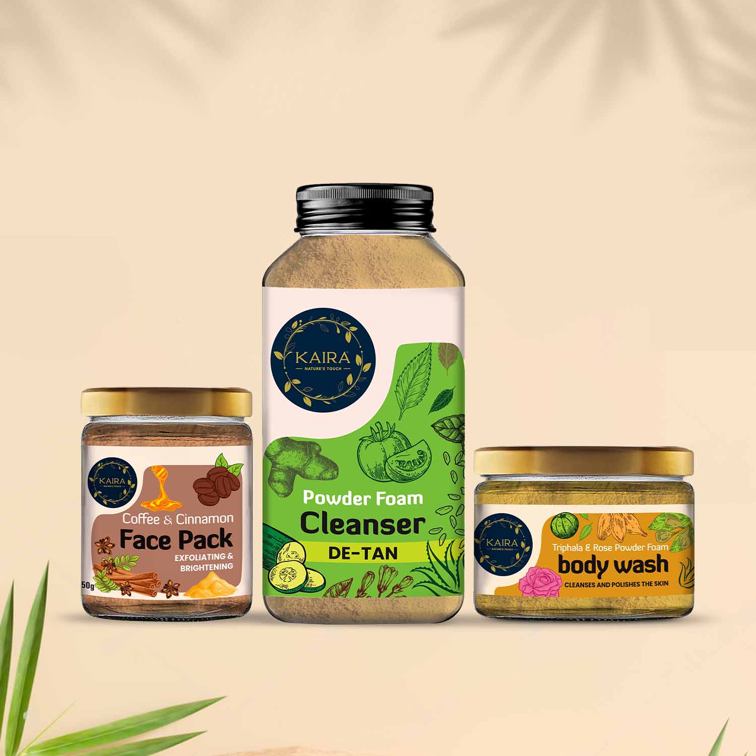 Skin Exfoliation Combo (Powder foam Cleanser Detan + Triphala & Rose Body wash + Coffee & Cinnamon Face Pack)