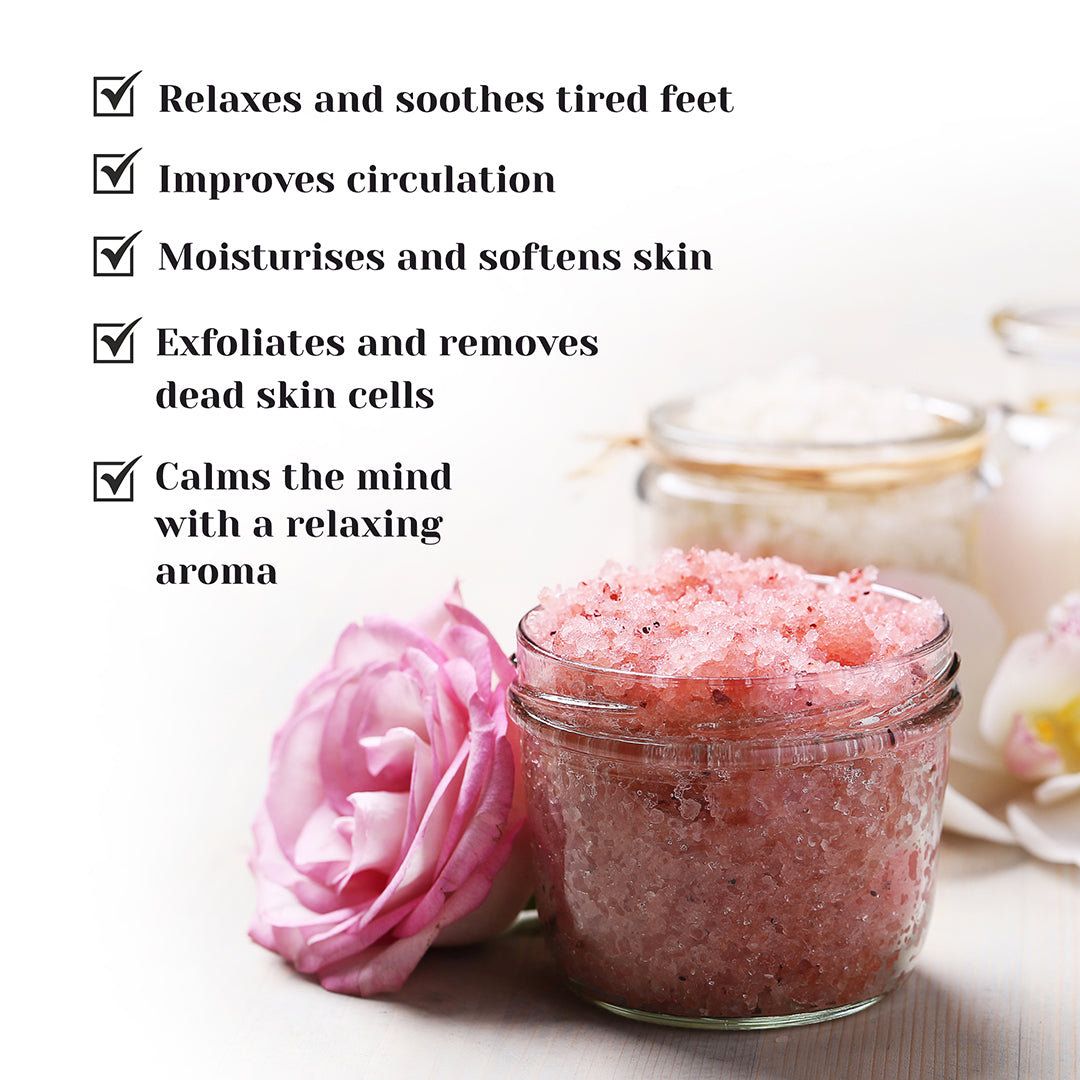Rose skin Polish & Relax Combo (Triphala & Rose Powder foam Body wash + Rose & Geranium Foot soak & Bath Salt + Rose & Pink Clay Soap + Manjishta & Cow Ghee Lip Balm)