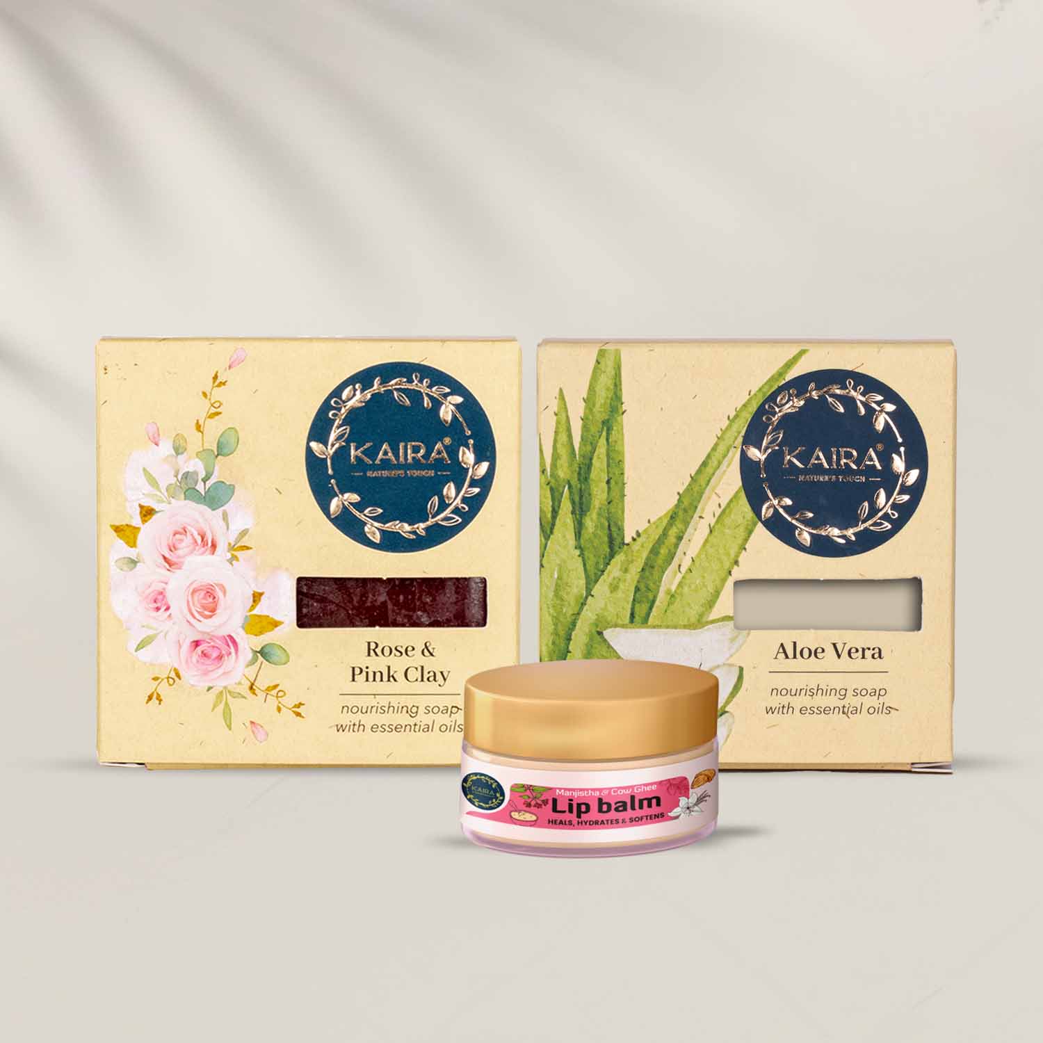 Skin &amp; Lip Care Combo (Aloe Vera Soap + Rose &amp; Pink Clay Soap + Manjishta &amp; Cow Ghee Lip Balm)