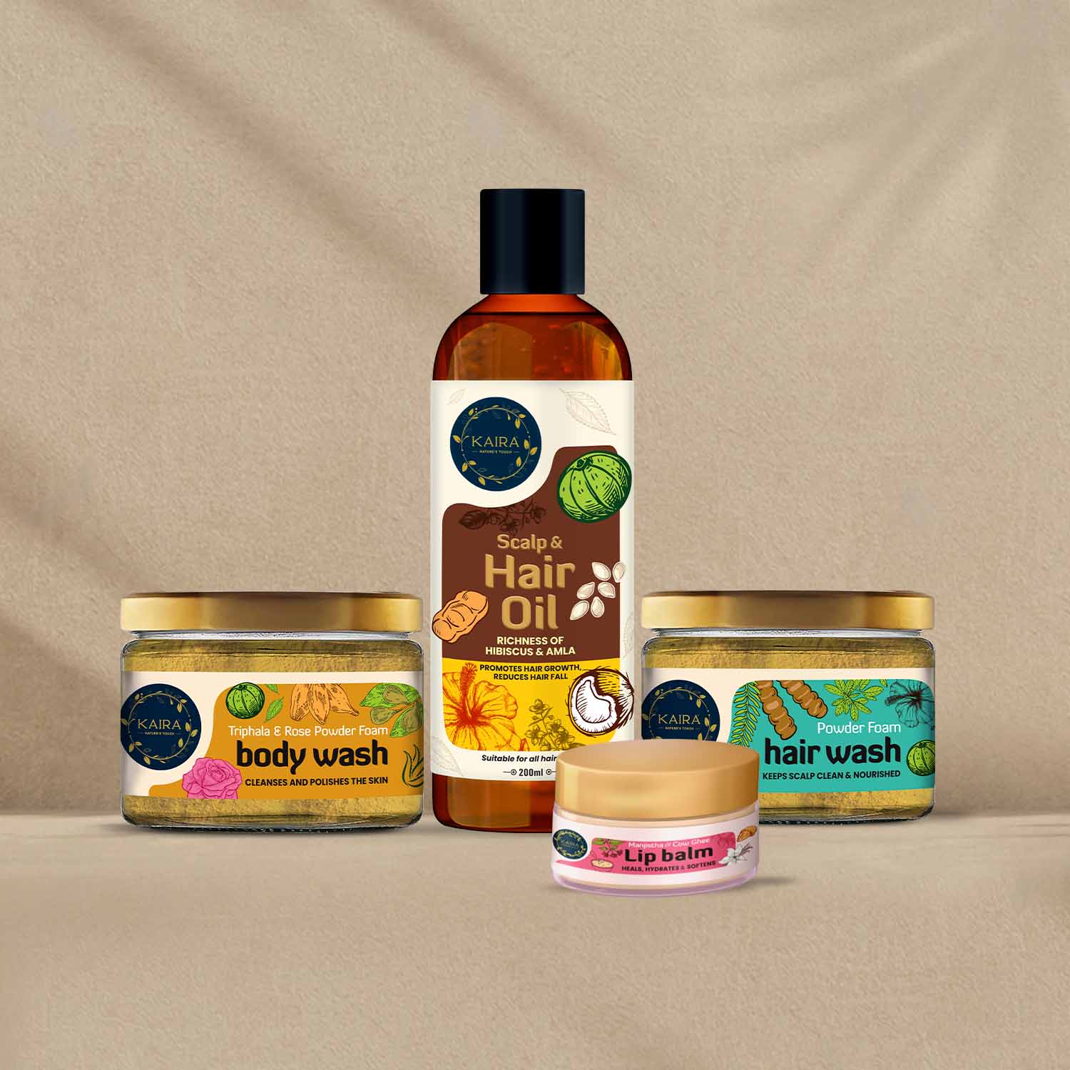 Skin &amp; Hair Care Combo (Triphala &amp; Rose Body wash + Scalp &amp; Hair Oil + Powder foam Hair wash + Manjishta &amp; Cow Ghee Lip Balm)