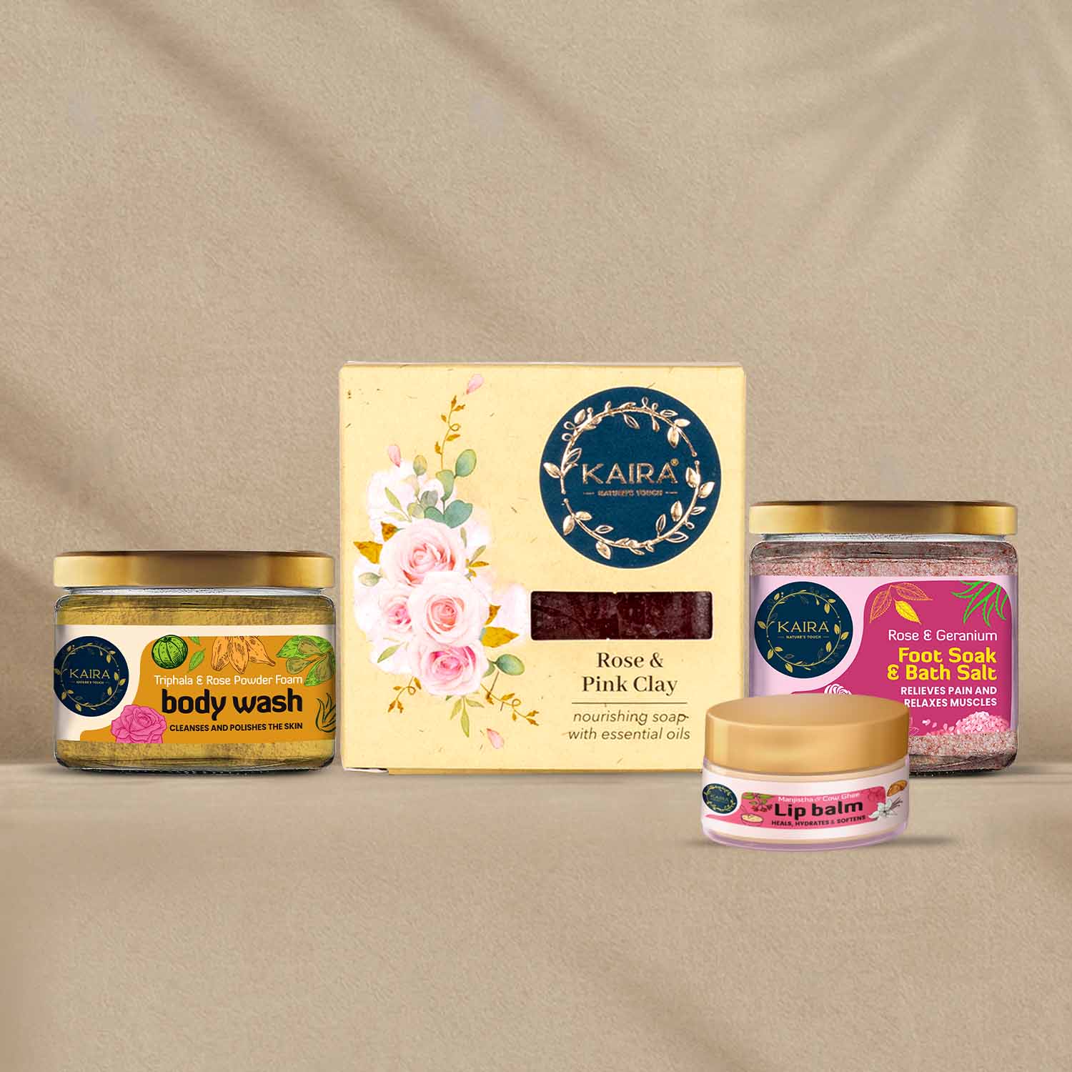 Rose skin Polish &amp; Relax Combo (Triphala &amp; Rose Powder foam Body wash + Rose &amp; Geranium Foot soak &amp; Bath Salt + Rose &amp; Pink Clay Soap + Manjishta &amp; Cow Ghee Lip Balm)